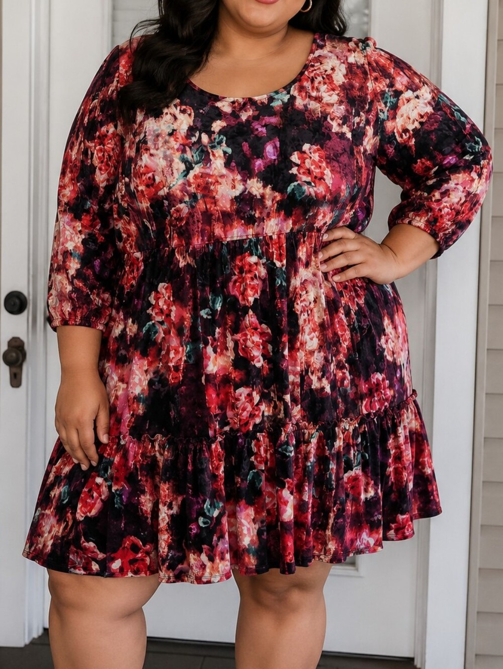 Torrid Floral Tiered Plus-Size Dress Crushed Velvet  Burgundy Pink NWT 5X Plus